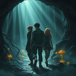 Three characters (two men and one woman) walking back-to-back, traversing through a mysterious cave in the forest