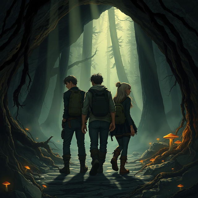 Three characters (two men and one woman) walking back-to-back, traversing through a mysterious cave in the forest