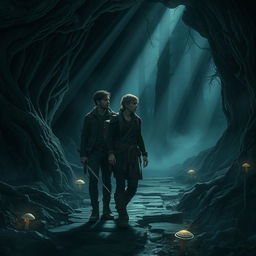 Three characters (two men and one woman) walking back-to-back, traversing through a mysterious cave in the forest