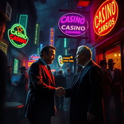 A dark and atmospheric scene depicting the nightlife of a Cuban city, showcasing vibrant neon lights illuminating various casino advertisements