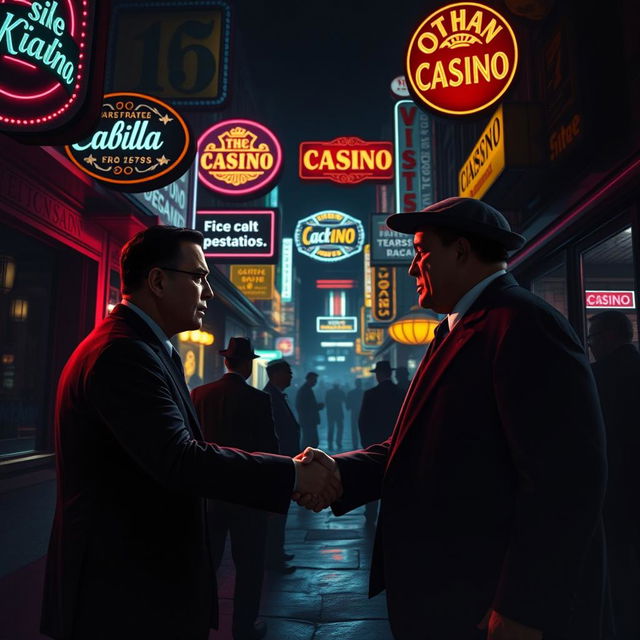 A dark and atmospheric scene depicting the nightlife of a Cuban city, showcasing vibrant neon lights illuminating various casino advertisements