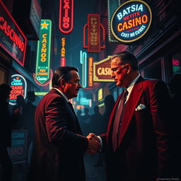 A dark and atmospheric scene depicting the nightlife of a Cuban city, showcasing vibrant neon lights illuminating various casino advertisements