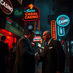 A dark and atmospheric scene depicting the nightlife of a Cuban city, showcasing vibrant neon lights illuminating various casino advertisements