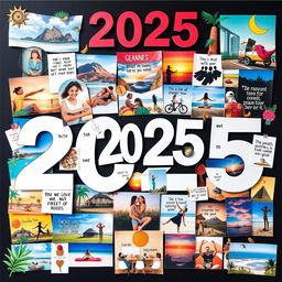 A vibrant and inspiring vision board for the year 2025, filled with images and representations of personal goals and dreams