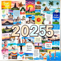 A vibrant and inspiring vision board for the year 2025, filled with images and representations of personal goals and dreams