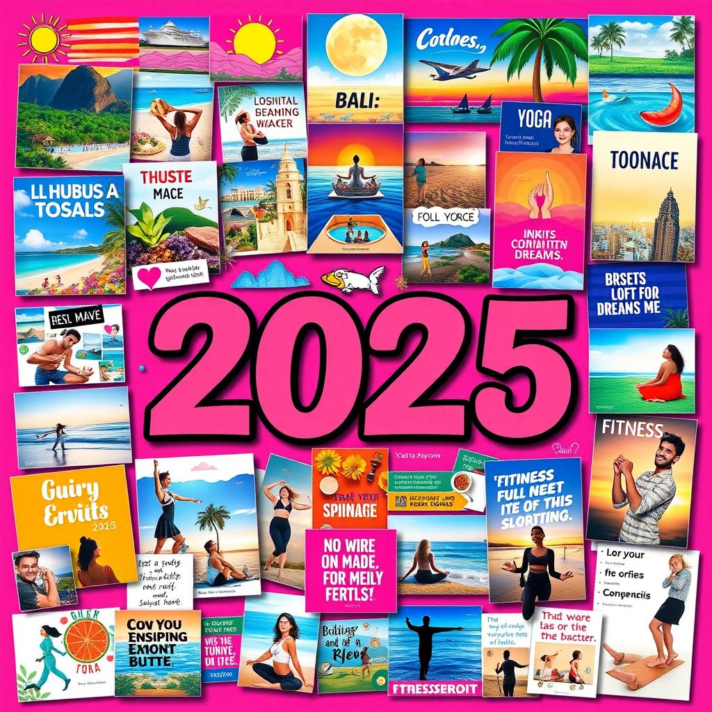 A vibrant and inspiring vision board for the year 2025, filled with images and representations of personal goals and dreams