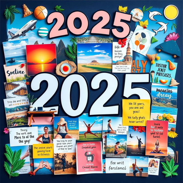 A vibrant and inspiring vision board for the year 2025, filled with images and representations of personal goals and dreams