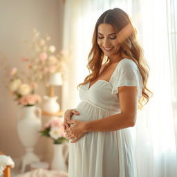 A serene and beautiful woman with an enchanting smile, gently cradling her baby bump, dressed in a flowing white dress that accentuates her pregnancy glow