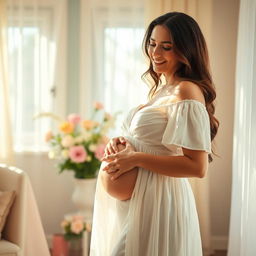 A serene and beautiful woman with an enchanting smile, gently cradling her baby bump, dressed in a flowing white dress that accentuates her pregnancy glow