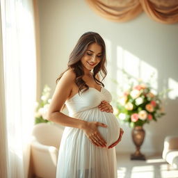A serene and beautiful woman with an enchanting smile, gently cradling her baby bump, dressed in a flowing white dress that accentuates her pregnancy glow