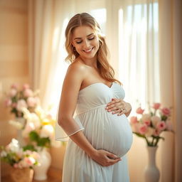 A serene and beautiful woman with an enchanting smile, gently cradling her baby bump, dressed in a flowing white dress that accentuates her pregnancy glow