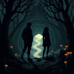 Three silhouetted figures, two males and one female, standing back to back in a mysterious forest
