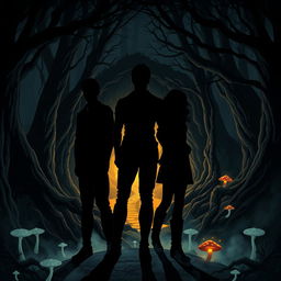 Three silhouetted figures, two males and one female, standing back to back in a mysterious forest