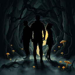 Three silhouetted figures, two males and one female, standing back to back in a mysterious forest