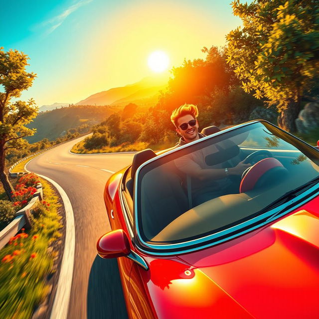 A vibrant and dynamic scene of a person driving a sleek, modern sports car down a picturesque winding road