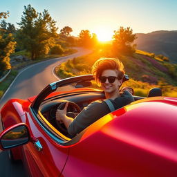 A vibrant and dynamic scene of a person driving a sleek, modern sports car down a picturesque winding road