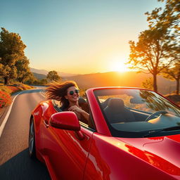 A vibrant and dynamic scene of a person driving a sleek, modern sports car down a picturesque winding road