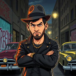 A cartoon-style illustration of a character inspired by Lionel Messi, portrayed as a gangster