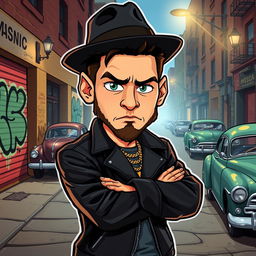 A cartoon-style illustration of a character inspired by Lionel Messi, portrayed as a gangster