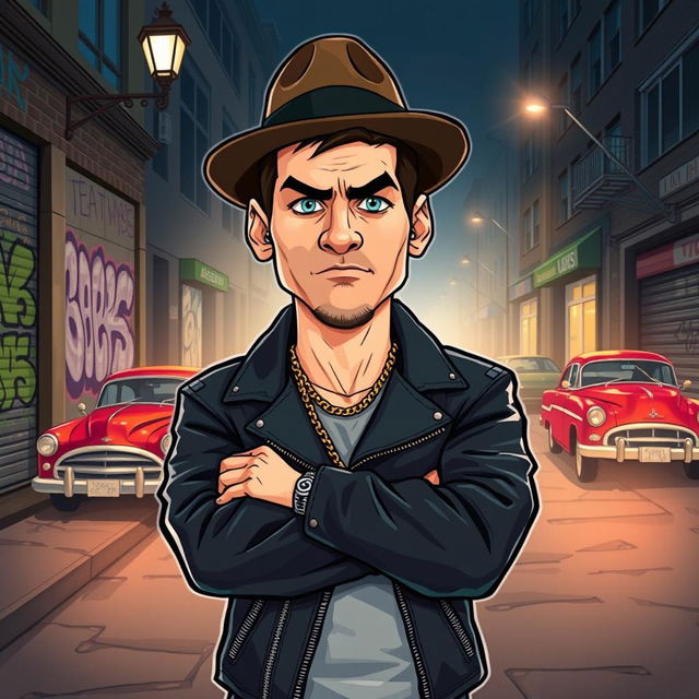 A cartoon-style illustration of a character inspired by Lionel Messi, portrayed as a gangster