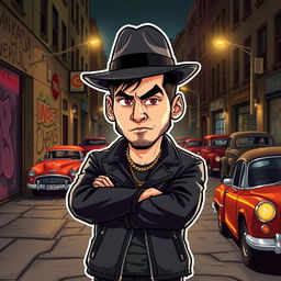 A cartoon-style illustration of a character inspired by Lionel Messi, portrayed as a gangster