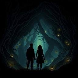 Create an illustration featuring three silhouetted figures (two males and one female) standing back-to-back