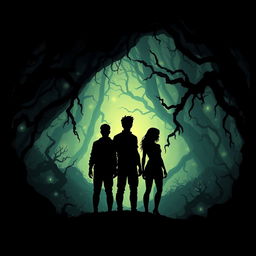 Create an illustration featuring three silhouetted figures (two males and one female) standing back-to-back