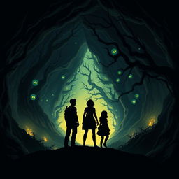 Create an illustration featuring three silhouetted figures (two males and one female) standing back-to-back