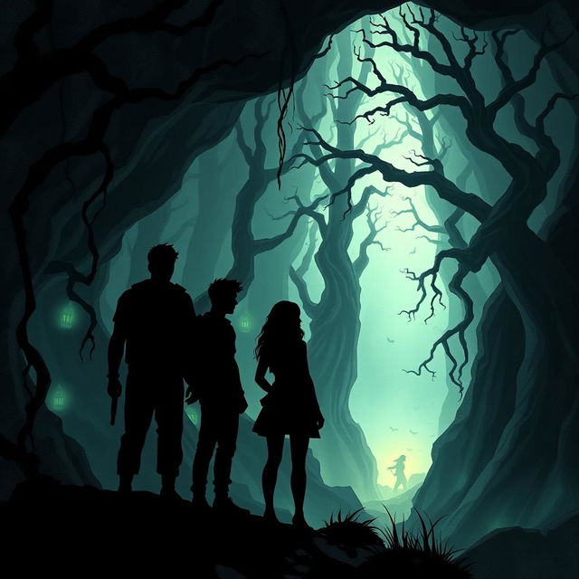 Create an illustration featuring three silhouetted figures (two males and one female) standing back-to-back