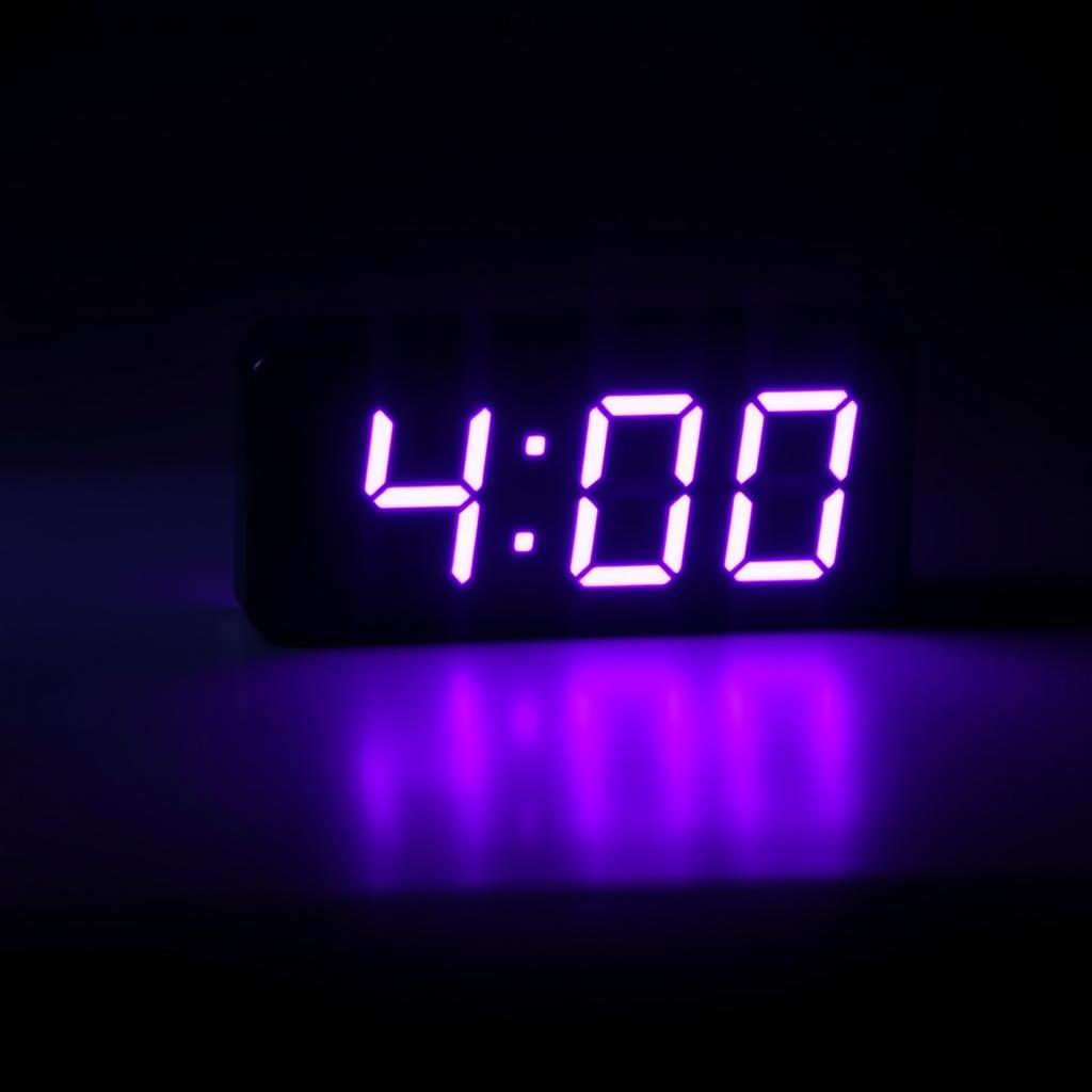 An LED clock displaying the time 4:00 AM, featuring a vibrant purple color for the numbers against a sleek black background