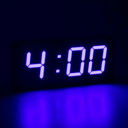 An LED clock displaying the time 4:00 AM, featuring a vibrant purple color for the numbers against a sleek black background
