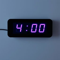 An LED clock displaying the time 4:00 AM, featuring a vibrant purple color for the numbers against a sleek black background