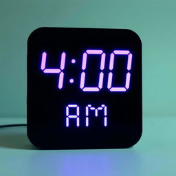 An LED clock displaying the time 4:00 AM, featuring a vibrant purple color for the numbers against a sleek black background
