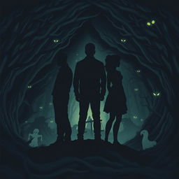 A captivating dark illustration featuring three human silhouettes (2 males and 1 female) standing back-to-back