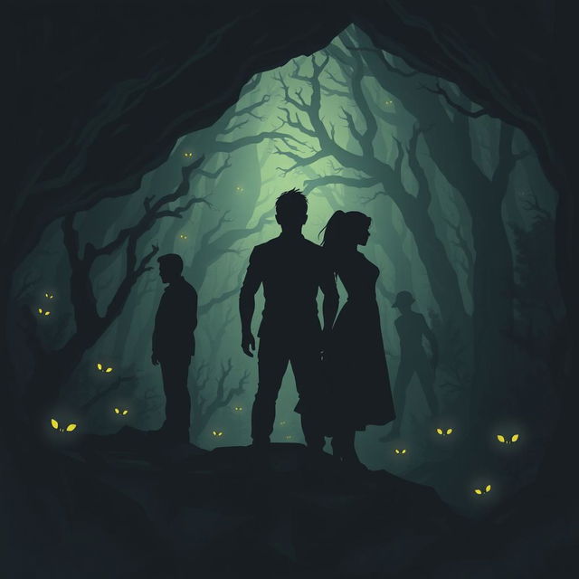 A captivating dark illustration featuring three human silhouettes (2 males and 1 female) standing back-to-back