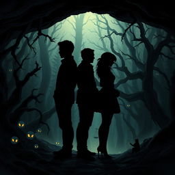 A captivating dark illustration featuring three human silhouettes (2 males and 1 female) standing back-to-back