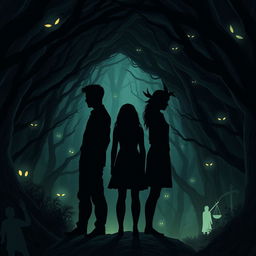 A captivating dark illustration featuring three human silhouettes (2 males and 1 female) standing back-to-back