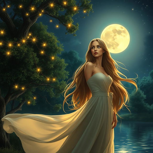 A serene night scene featuring a beautiful woman with long flowing hair, wearing an elegant, flowing gown, standing under a starlit sky