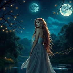A serene night scene featuring a beautiful woman with long flowing hair, wearing an elegant, flowing gown, standing under a starlit sky