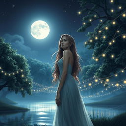 A serene night scene featuring a beautiful woman with long flowing hair, wearing an elegant, flowing gown, standing under a starlit sky