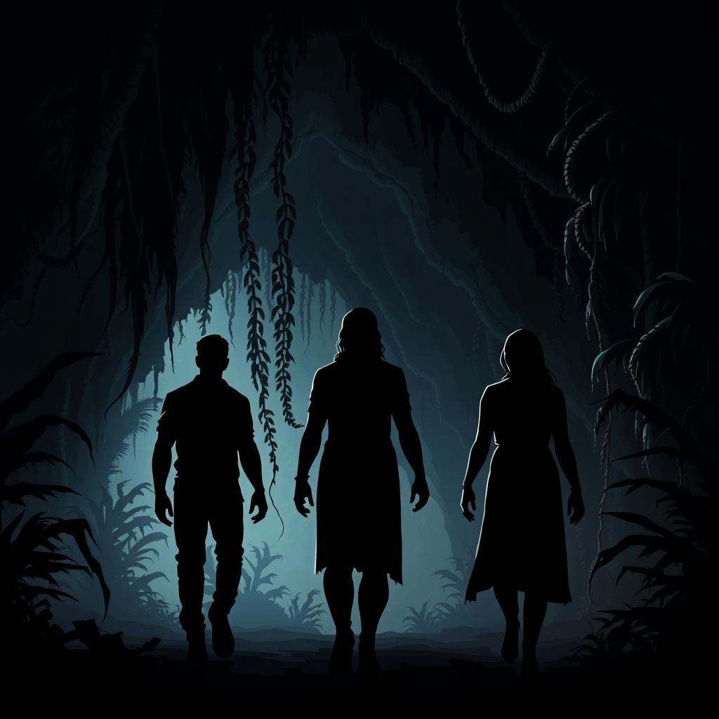 Design an illustration featuring three humans as shadowy silhouettes (2 males and 1 female) seen from behind, walking through a dark and eerie jungle cave