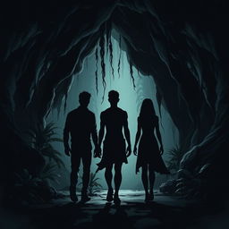 Design an illustration featuring three humans as shadowy silhouettes (2 males and 1 female) seen from behind, walking through a dark and eerie jungle cave