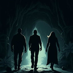 Design an illustration featuring three humans as shadowy silhouettes (2 males and 1 female) seen from behind, walking through a dark and eerie jungle cave