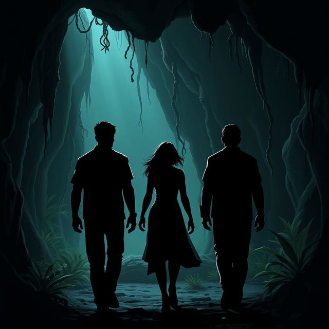 Design an illustration featuring three humans as shadowy silhouettes (2 males and 1 female) seen from behind, walking through a dark and eerie jungle cave