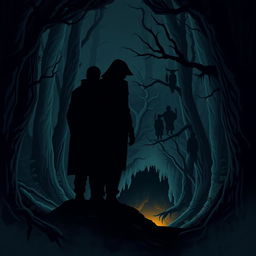 An illustration featuring three shadowy figures representing two men and one woman, all standing back-to-back in a dark forest setting