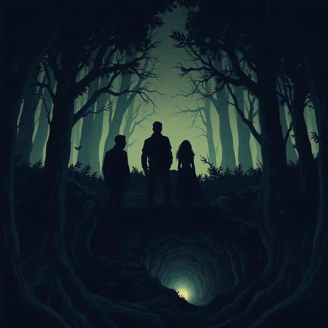 An illustration featuring three shadowy figures representing two men and one woman, all standing back-to-back in a dark forest setting