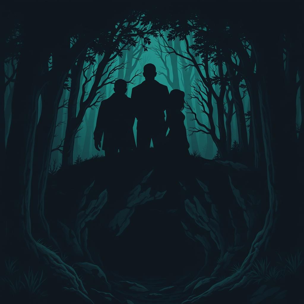 An illustration featuring three shadowy figures representing two men and one woman, all standing back-to-back in a dark forest setting