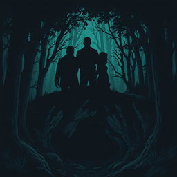 An illustration featuring three shadowy figures representing two men and one woman, all standing back-to-back in a dark forest setting