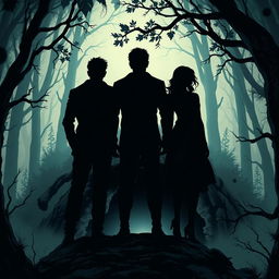 An illustration featuring three shadowy figures representing two men and one woman, all standing back-to-back in a dark forest setting