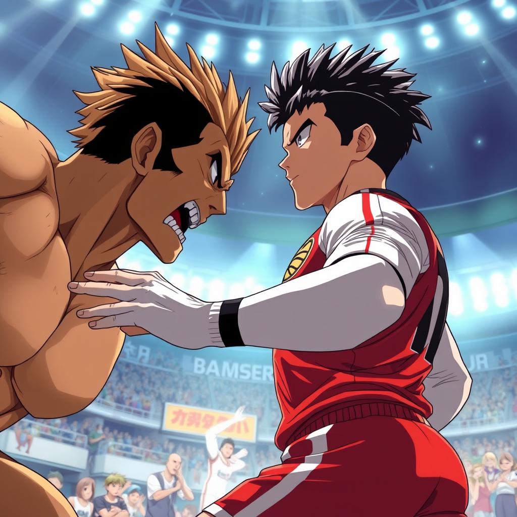A powerful anime-style character resembling a football player, inspired by the athleticism and dynamic presence of Cristiano Ronaldo, facing off against a villain resembling Baki Hanma from the anime series 'Baki the Grappler'